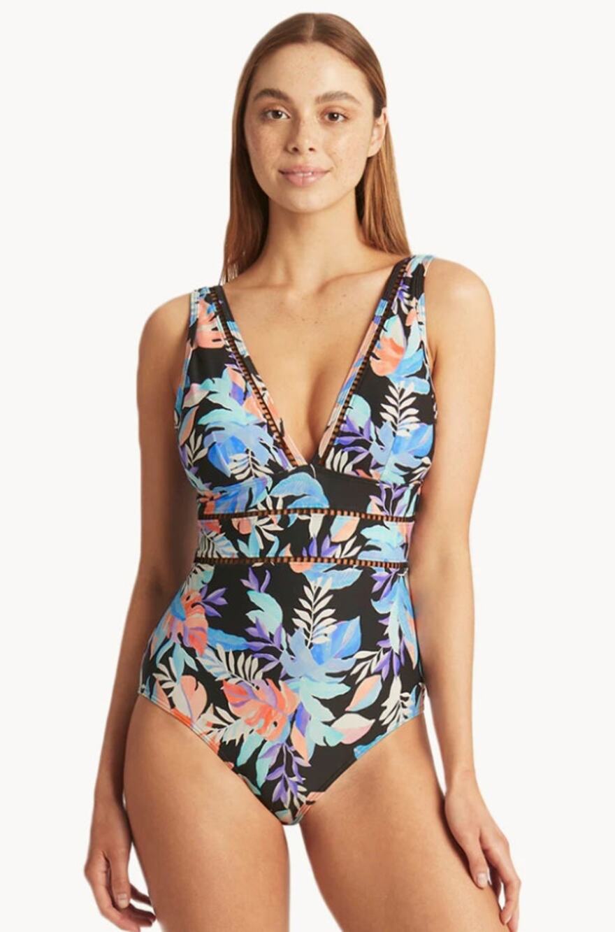 SEA LEVEL SWIM Botanica Spliced One Piece Swimsuit Size 10 Black Floral NWT